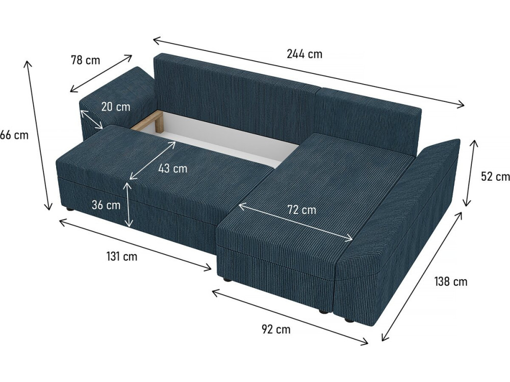 Hoekslaapbank met opbergruimte "Vaugirard " in geribbeld fluweel - 3 zitplaatsen - Blauw