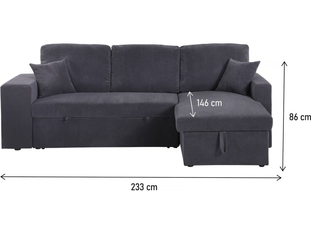 Hoekbank slaapbank meubel opbergruimte links of rechts velours ribfluweel bank "Axel" - 3 zits - Grijs