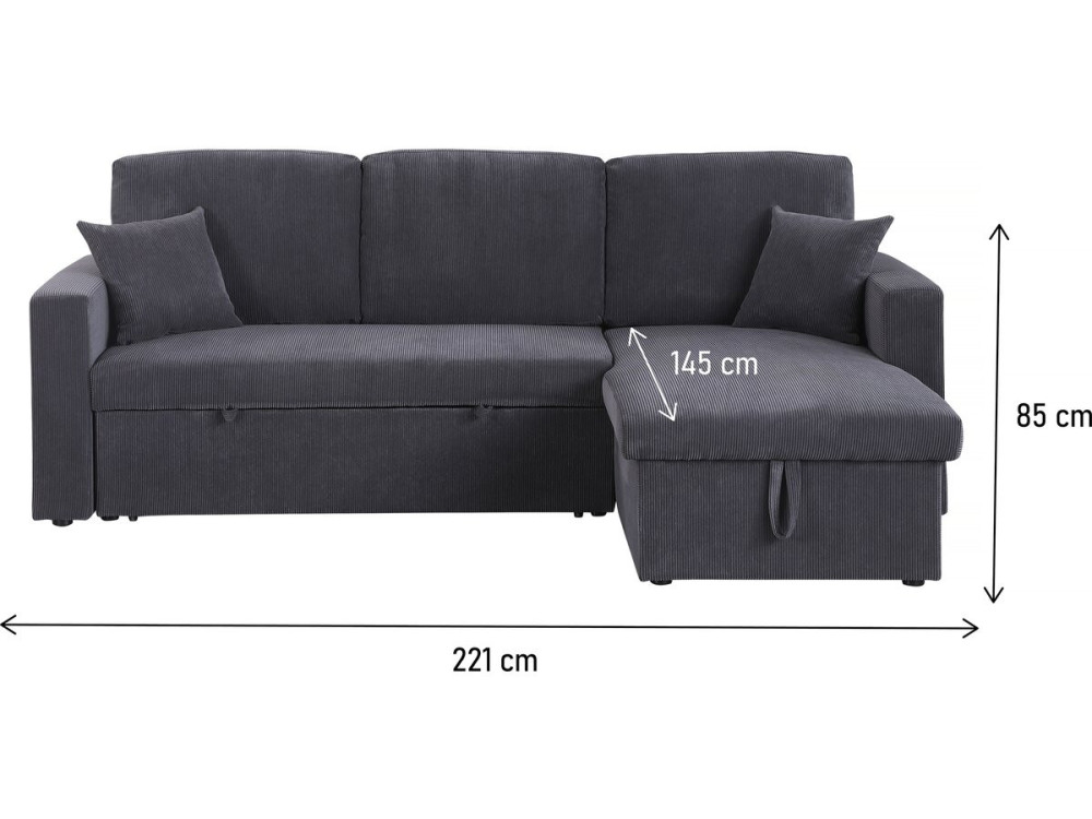 Hoekbank slaapbank meubel opbergruimte velours ribfluweel bank "Alain" - 3 zits - Grijs