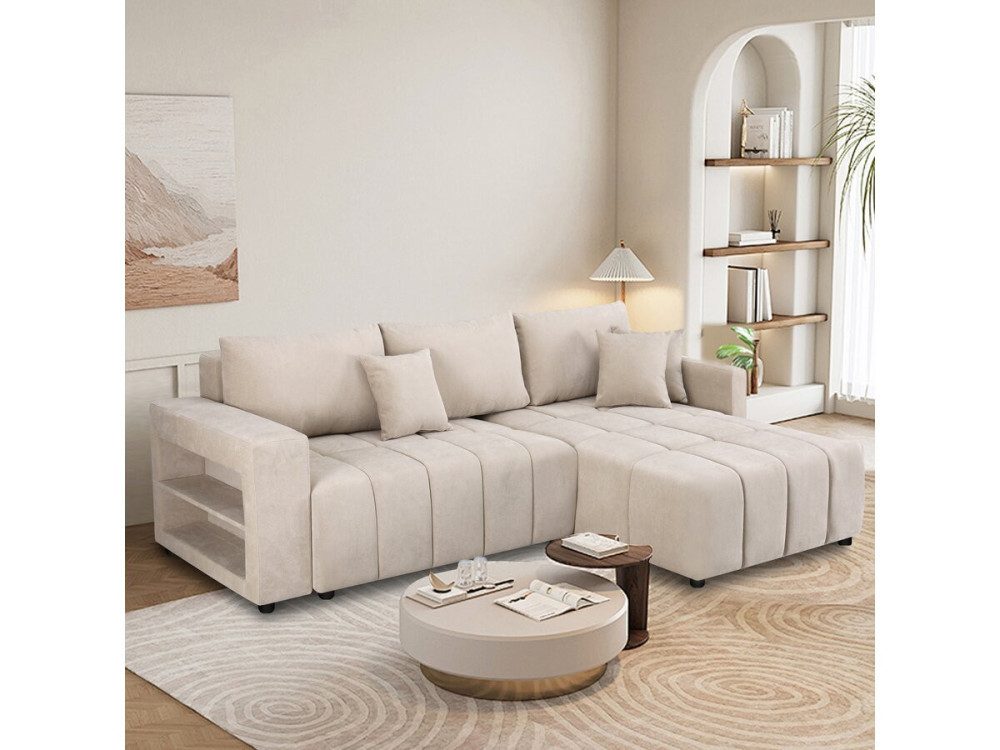 Bank hoekbank links rechts opbergruimte slaapbank chenille stof 3-zits - "Trocadero" - Beige - lichtbruin