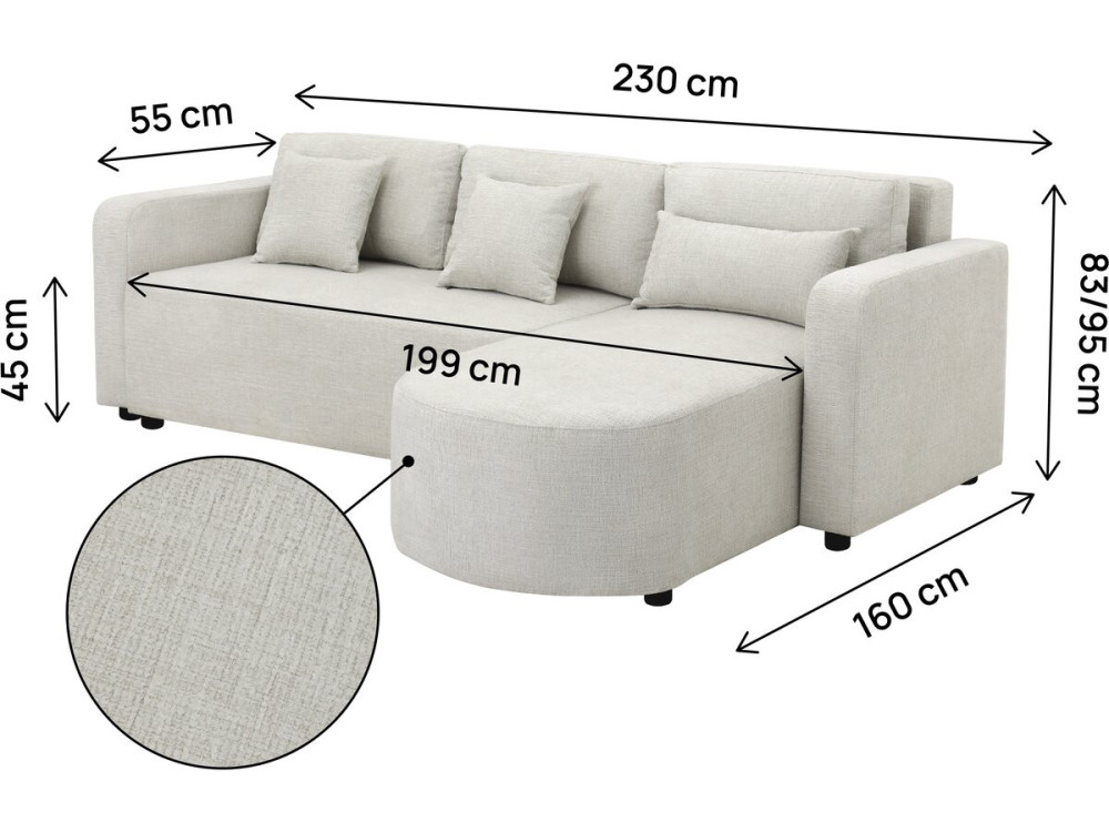 Charles" stoffen ombouwbare hoekbank - 3 zits - Beige