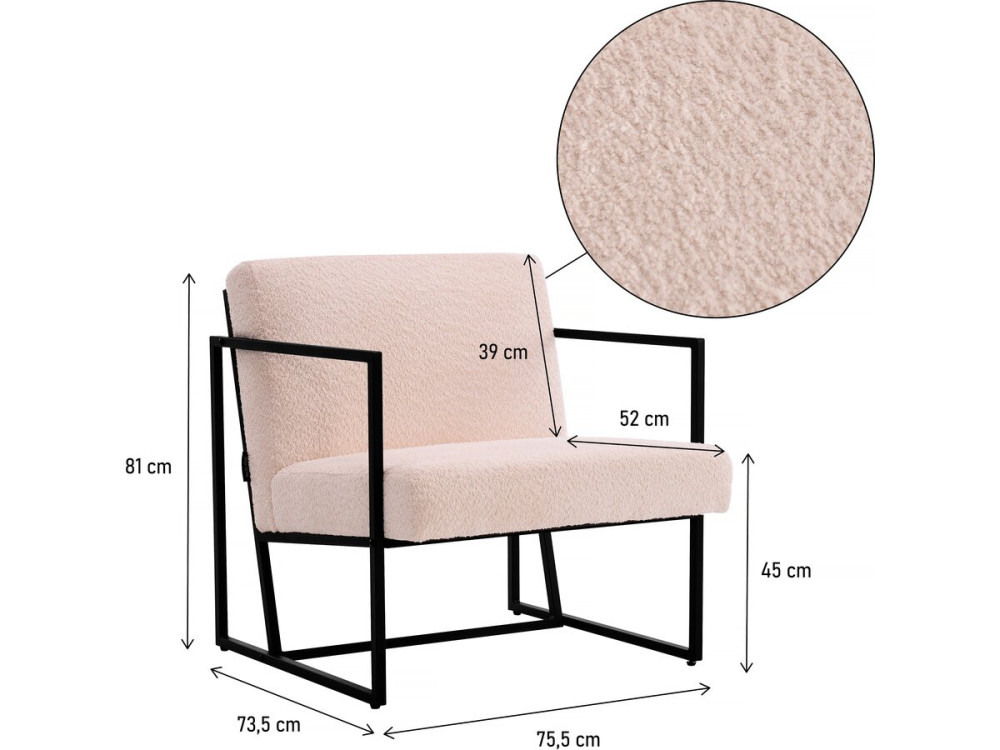 Stoel fauteuil velour fluweel en metaal "Kennedy" - 73. 5 x 75,5 x 81 cm - Crème