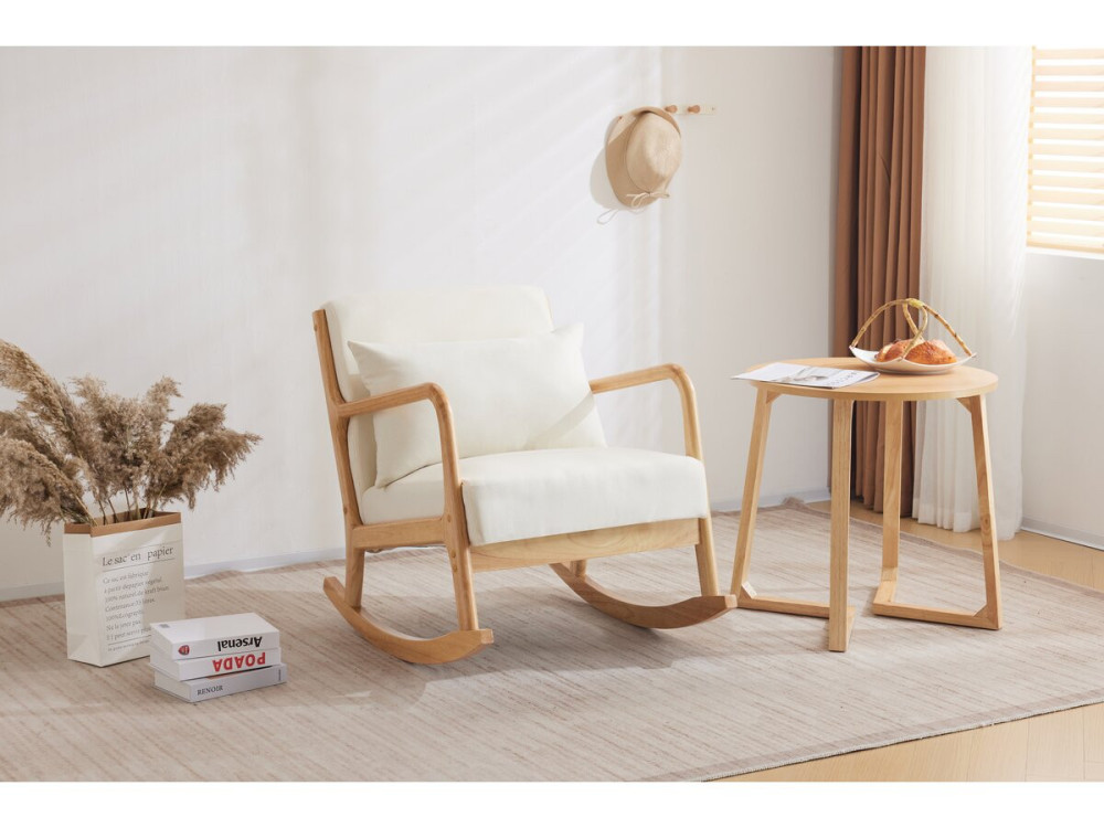 Stoel fauteuil bouclé stof en hout Scandinavisch design schommelstoel " Clinton " - Beige - lichtbruin