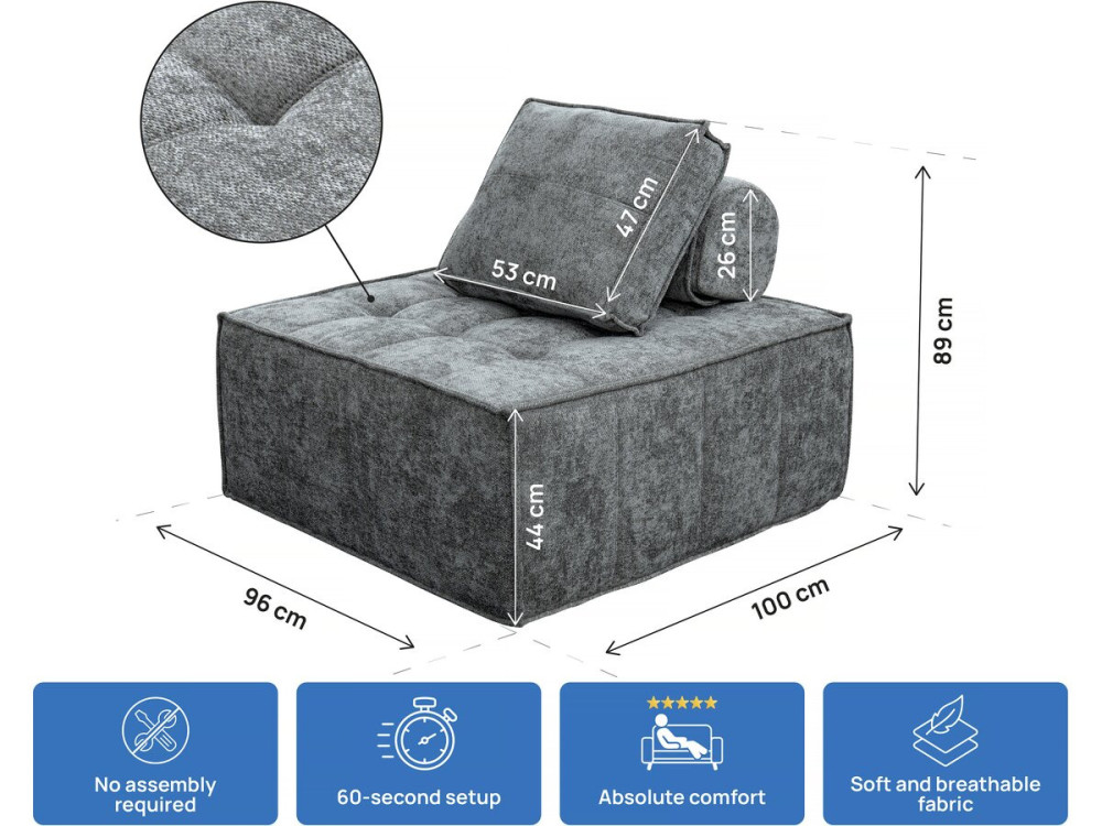 Fauteuil in velveteen-stijl - 96 x 100 x 89 cm - Grijs