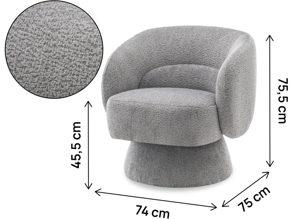 Franklin" draaifauteuil in badstof - 74 x 75 x 75 cm - Grijs