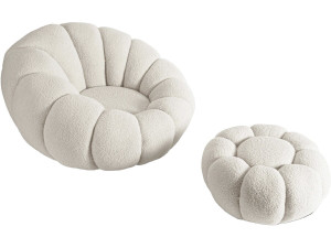 Fauteuil "Élysée" met poef in bouclette stof - Crème
