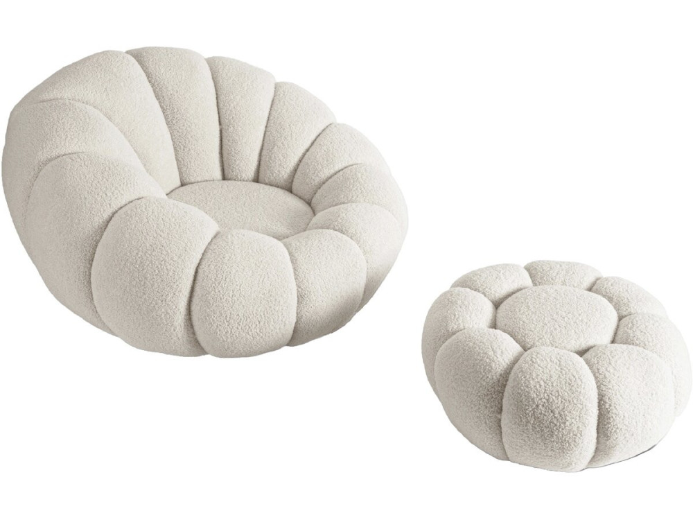 Fauteuil "Élysée" met poef in bouclette stof - Crème