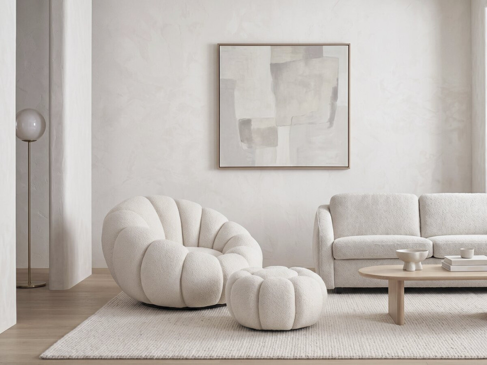 Fauteuil "Élysée" met poef in bouclette stof - Crème