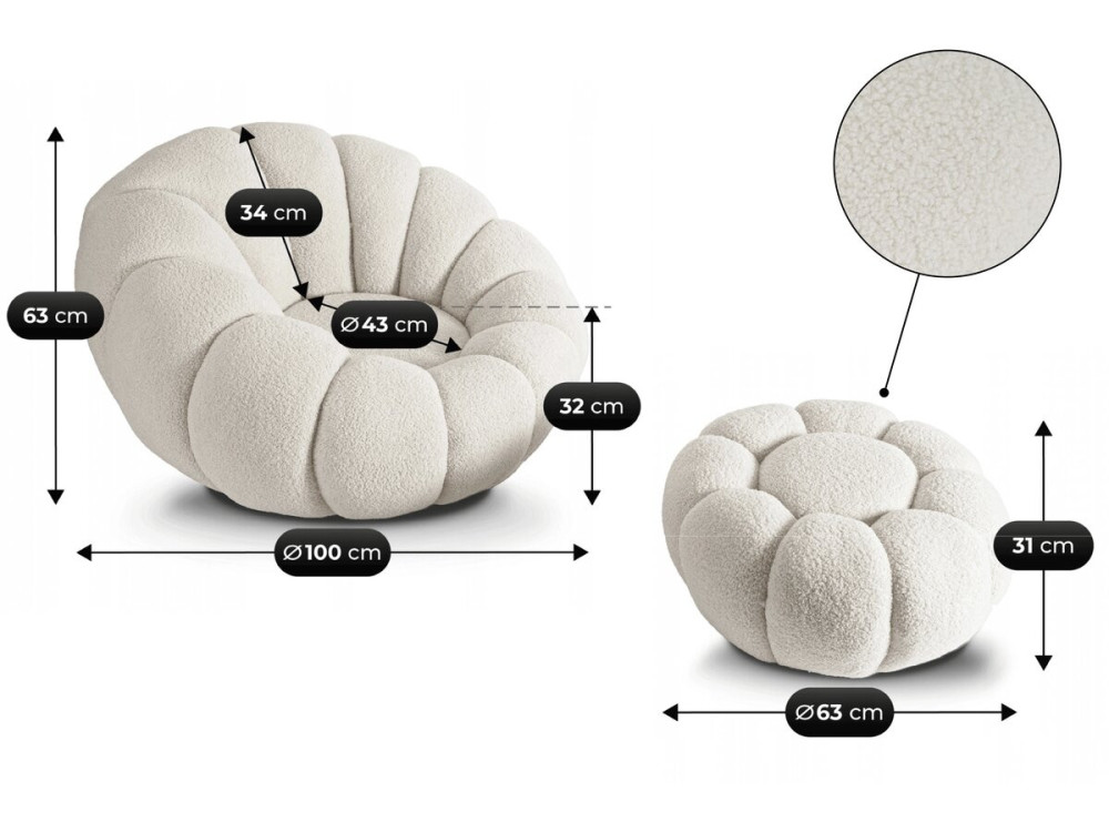 Fauteuil "Élysée" met poef in bouclette stof - Crème