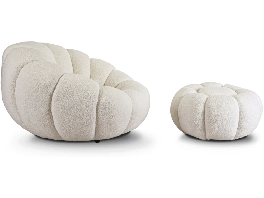 Fauteuil "Élysée" met poef in bouclette stof - Crème