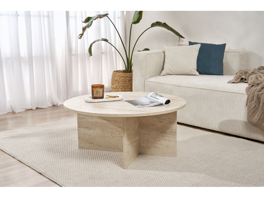 Houten salontafel "Sun" - 90 x 90 x 40 cm - Travertijn