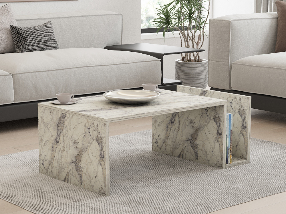 Houten salontafel "Memo" - 86 x 50 x 32 cm - Freesia marmer