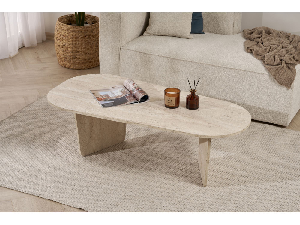 Houten salontafel "Ovalis" - 130 x 65 x 40 cm - Travertin