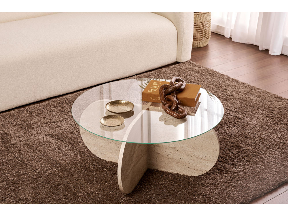 Houten salontafel "Aeris" - 75 x 75 x 35 cm - TravertinTransparant