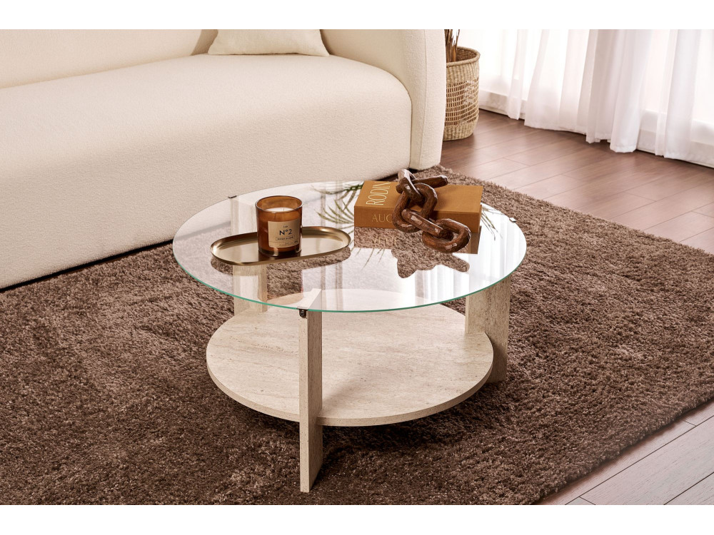 Houten salontafel "Clara" - 75 x 75 x 40 cm - TravertinTransparant