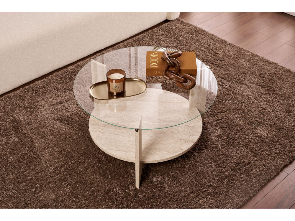 Houten salontafel "Clara" - 75 x 75 x 40 cm - TravertinTransparant