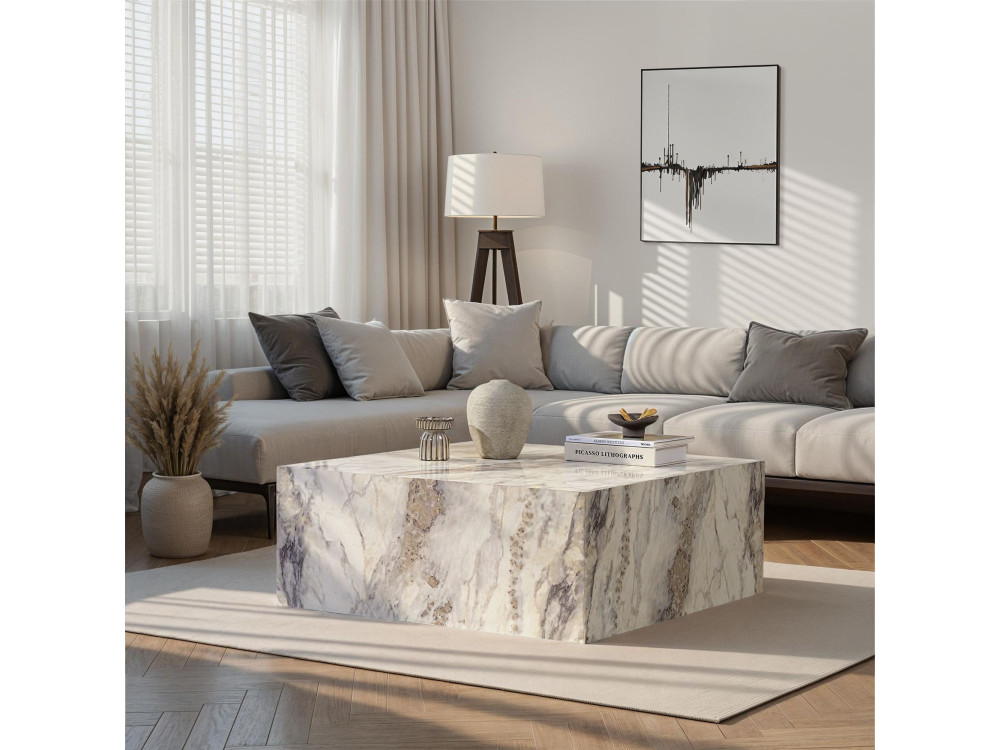 Prizma" houten salontafel - 90 x 90 x 35 cm - Freesia marmer