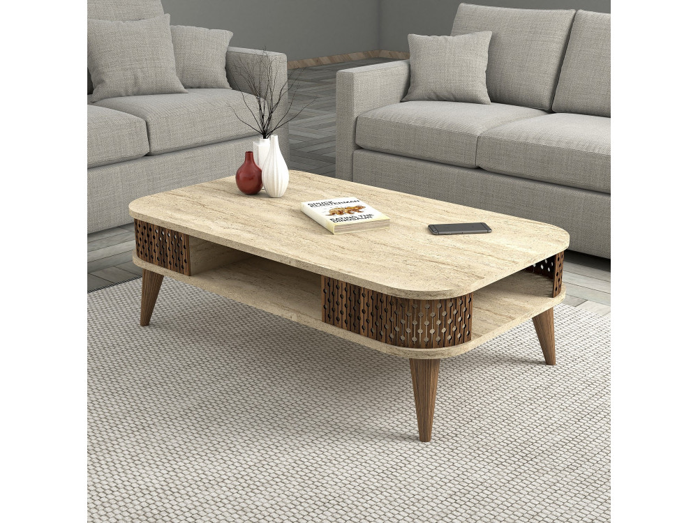 Houten salontafel "Eylul" - 105 x 60 x 35 cm - Travertin