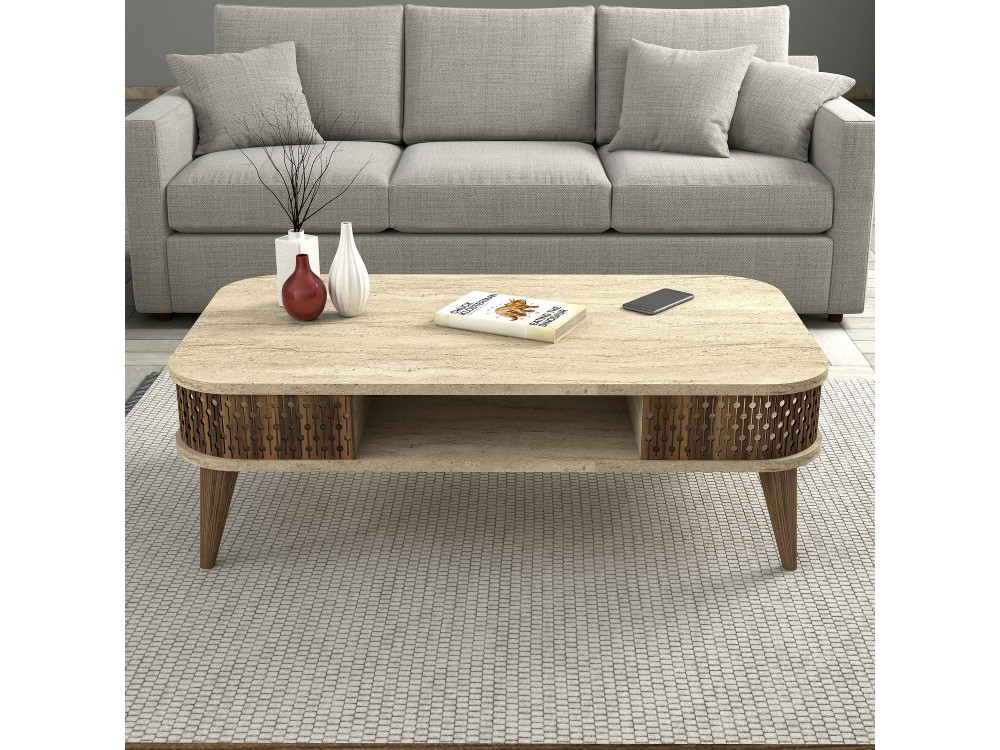 Houten salontafel "Eylul" - 105 x 60 x 35 cm - Travertin