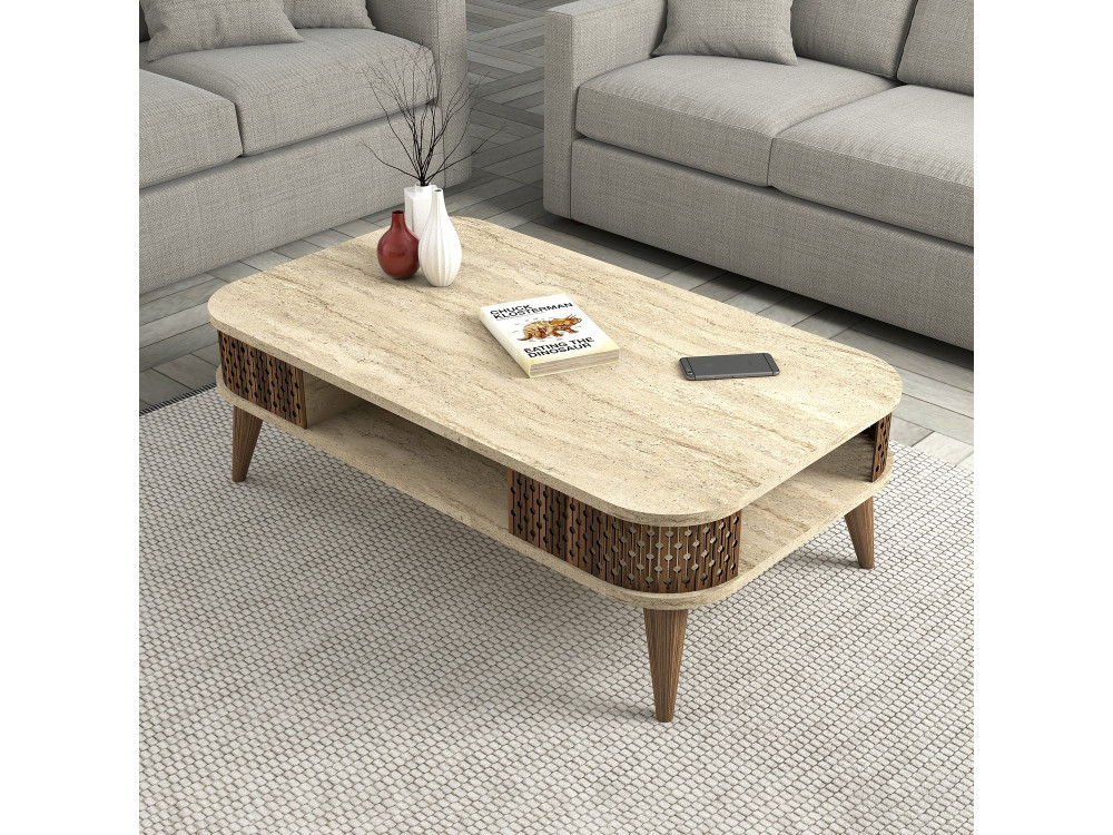 Houten salontafel "Eylul" - 105 x 60 x 35 cm - Travertin