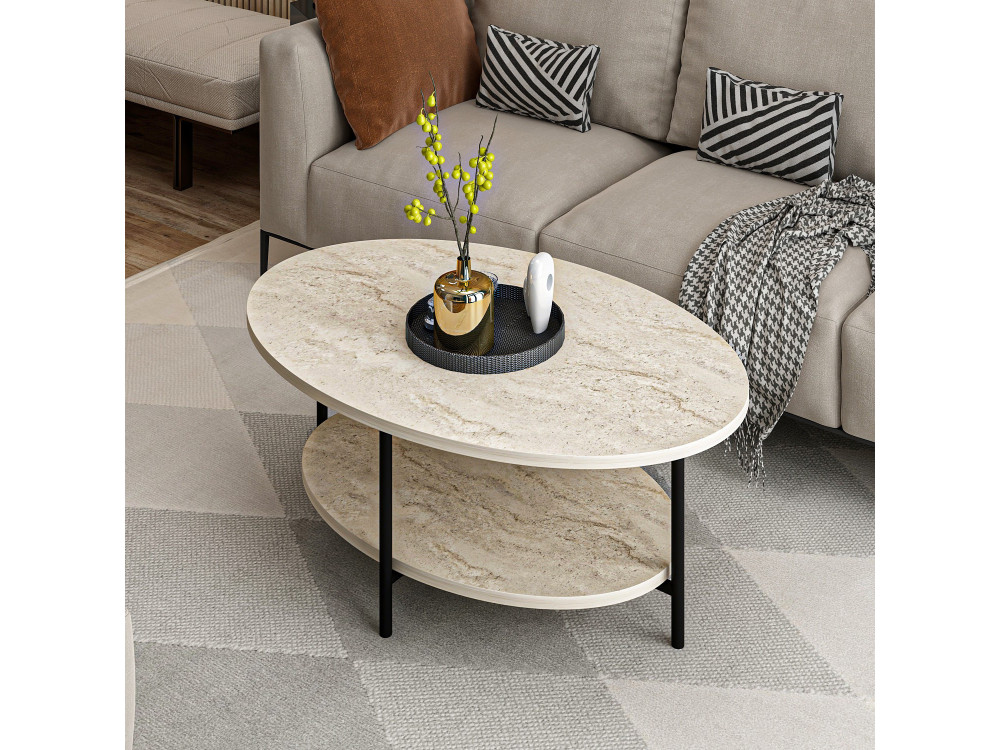 Houten salontafel „Elis“ – 90 x 60 x 36 cm – Travertijn