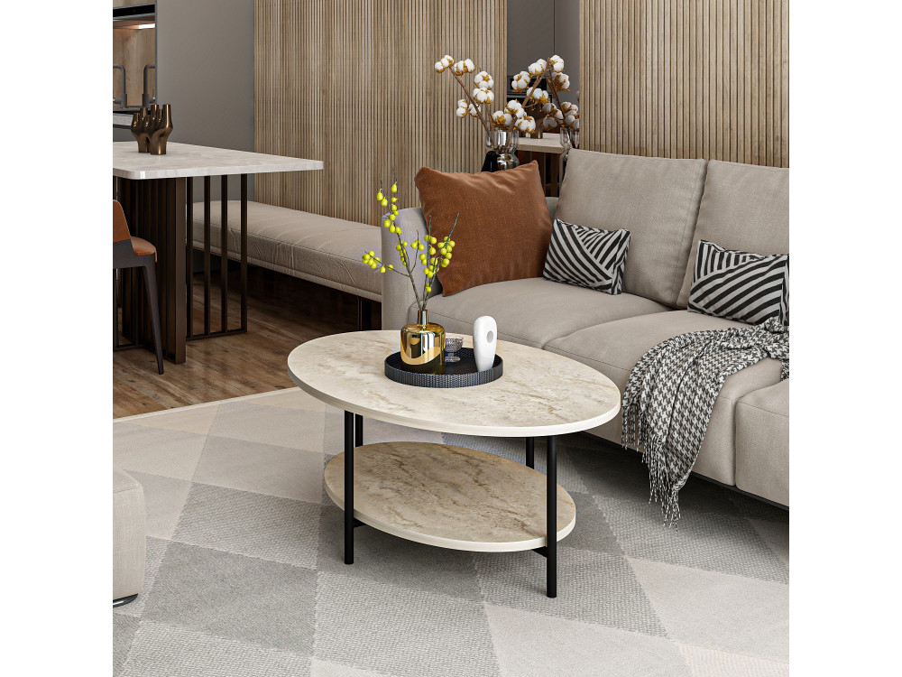 Houten salontafel „Elis“ – 90 x 60 x 36 cm – Travertijn