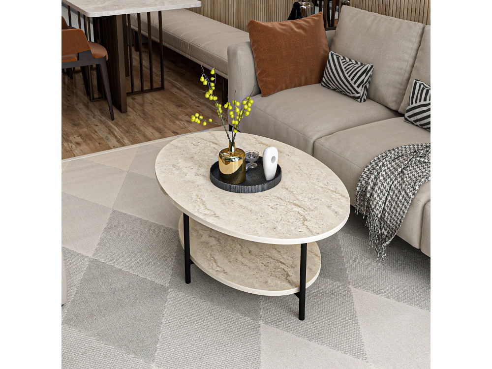 Houten salontafel „Elis“ – 90 x 60 x 36 cm – Travertijn