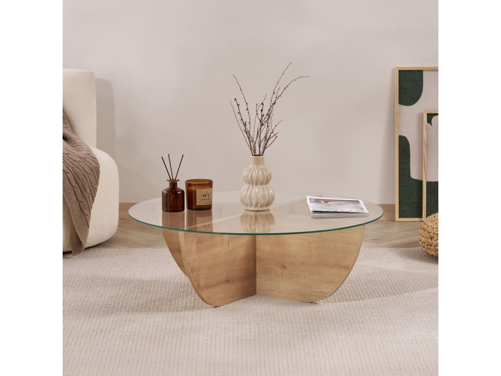 Salontafel Liya" glas 90 x 90 x 30 cm - Saffier eik