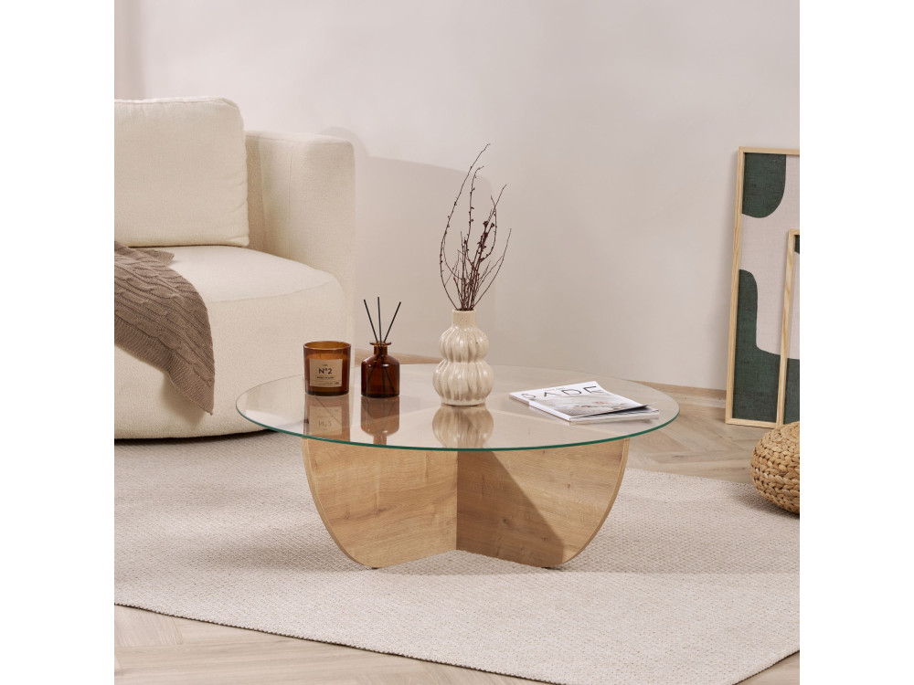 Salontafel Liya" glas 90 x 90 x 30 cm - Saffier eik