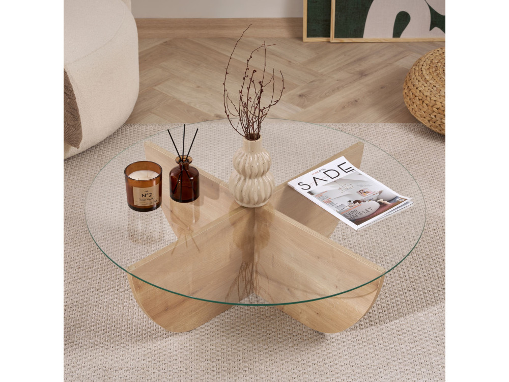 Salontafel Liya" glas 90 x 90 x 30 cm - Saffier eik
