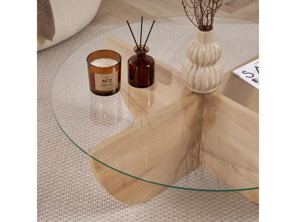 Salontafel Liya" glas 90 x 90 x 30 cm - Saffier eik
