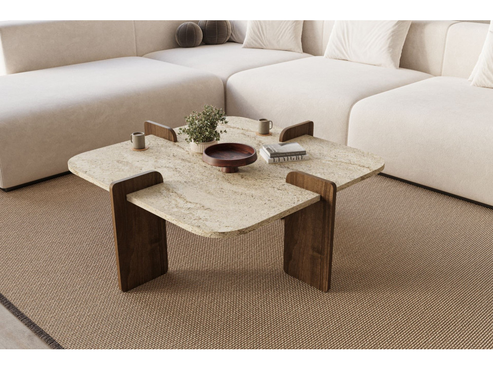 Houten salontafel "Poalla" - 90 x 90 x 35 cm - Travertin
