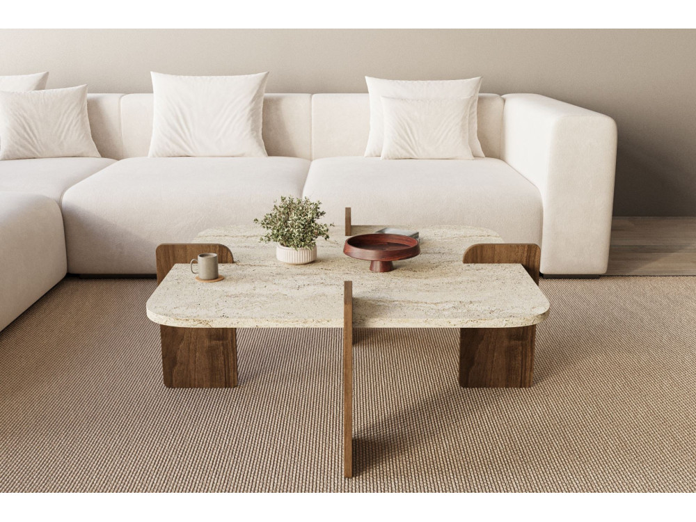 Houten salontafel "Poalla" - 90 x 90 x 35 cm - Travertin