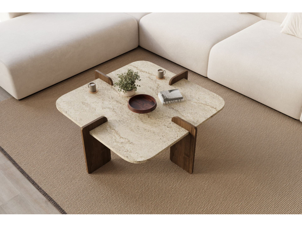 Houten salontafel "Poalla" - 90 x 90 x 35 cm - Travertin