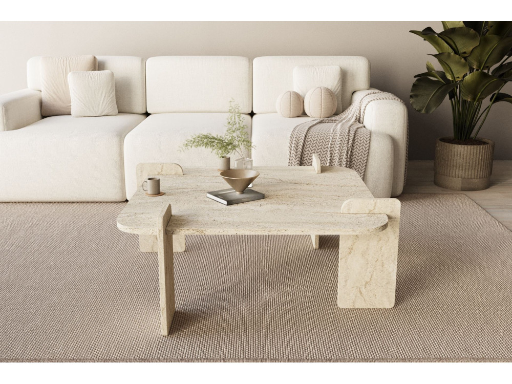 Houten salontafel "Woog" 90 x 90 x 35 cm - Travertin