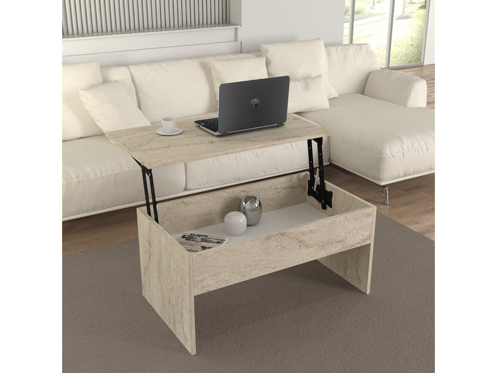 Akilli" salontafel met houten opbergkist - 90 x 45 x 52 cm - Travertin