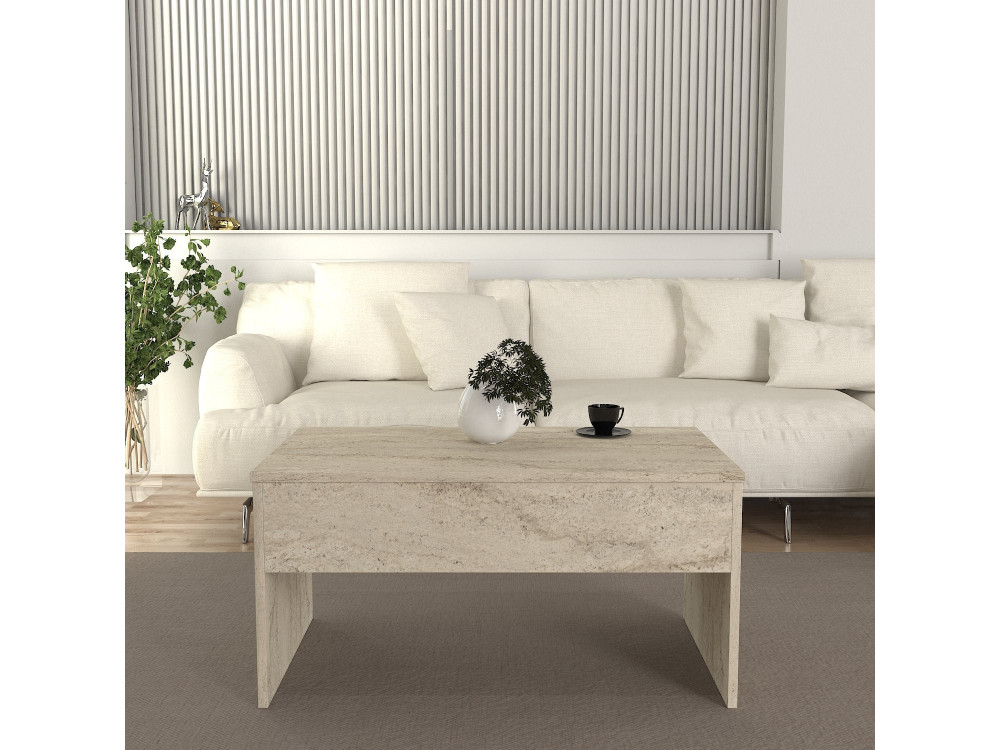 Akilli" salontafel met houten opbergkist - 90 x 45 x 52 cm - Travertin