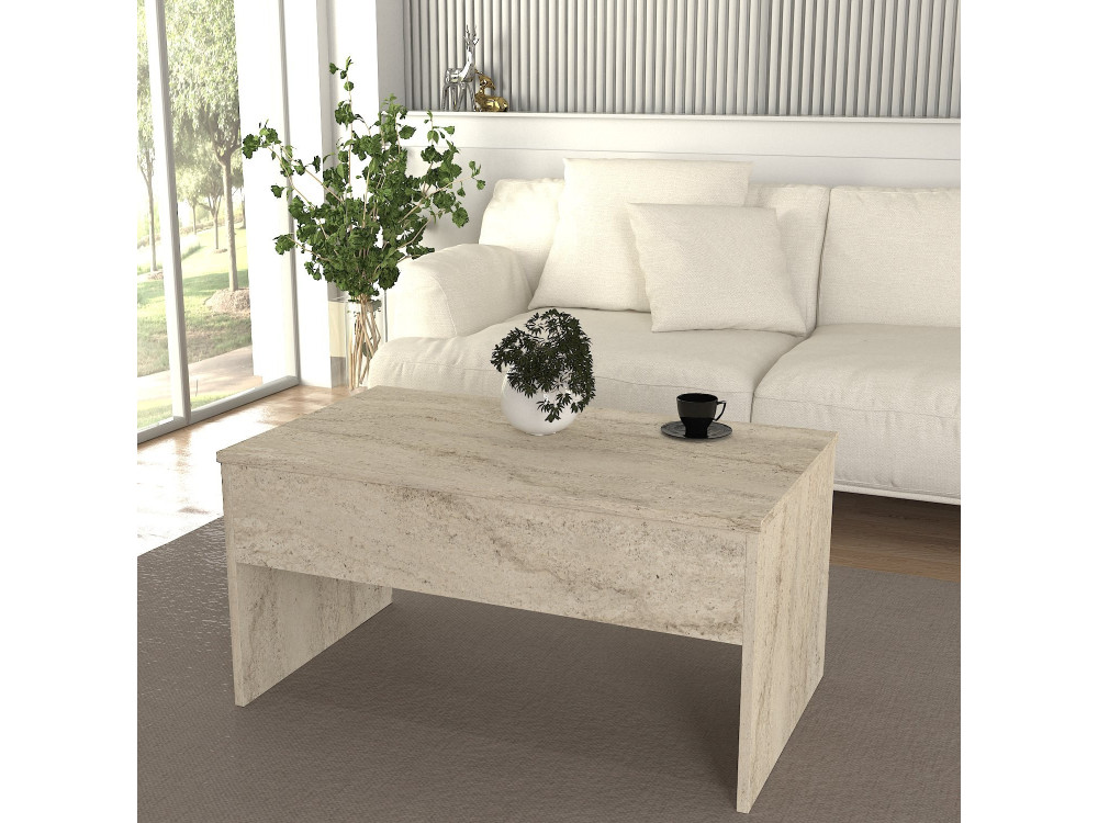 Akilli" salontafel met houten opbergkist - 90 x 45 x 52 cm - Travertin