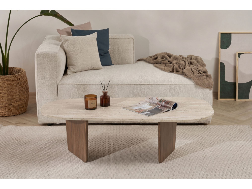 Houten salontafel "Ovalis" - 130 x 65 x 40 cm - Travertin / Notelaar