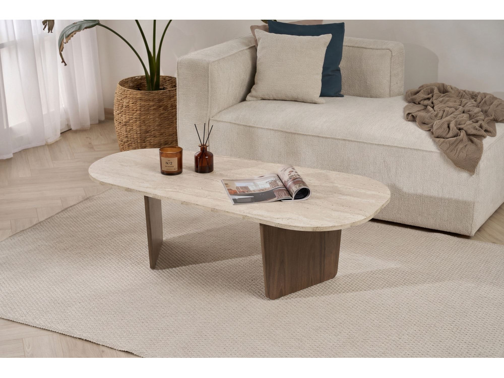 Houten salontafel "Ovalis" - 130 x 65 x 40 cm - Travertin / Notelaar