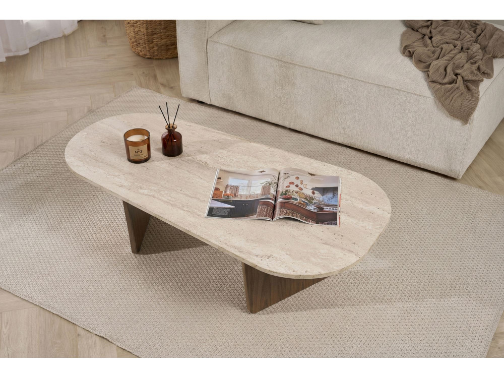 Houten salontafel "Ovalis" - 130 x 65 x 40 cm - Travertin / Notelaar