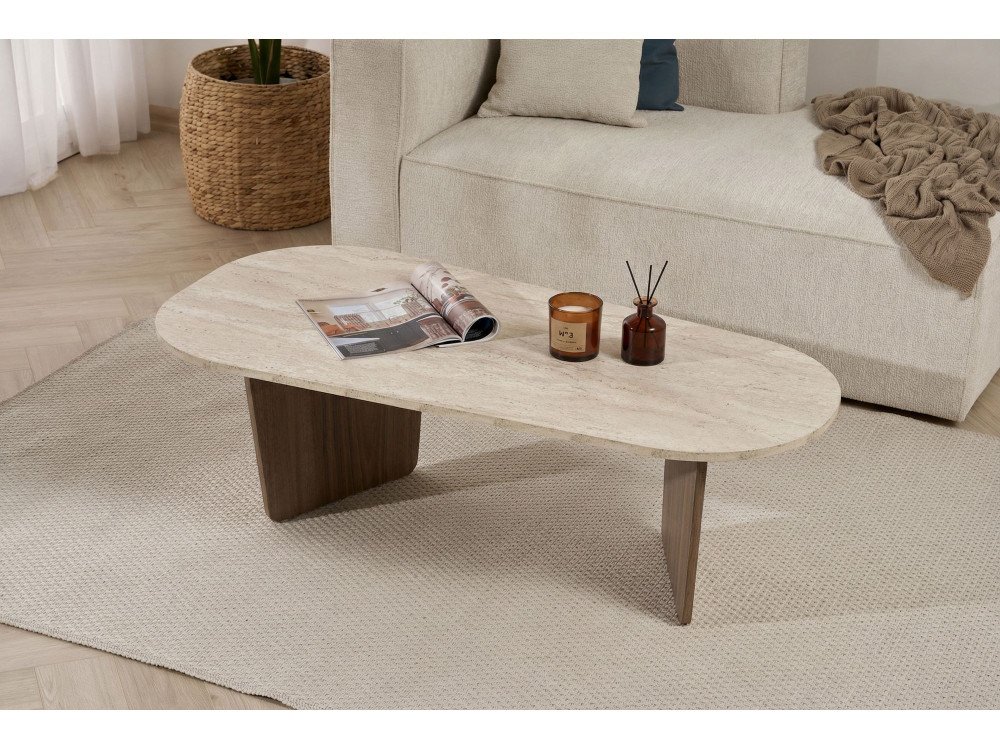 Houten salontafel "Ovalis" - 130 x 65 x 40 cm - Travertin / Notelaar