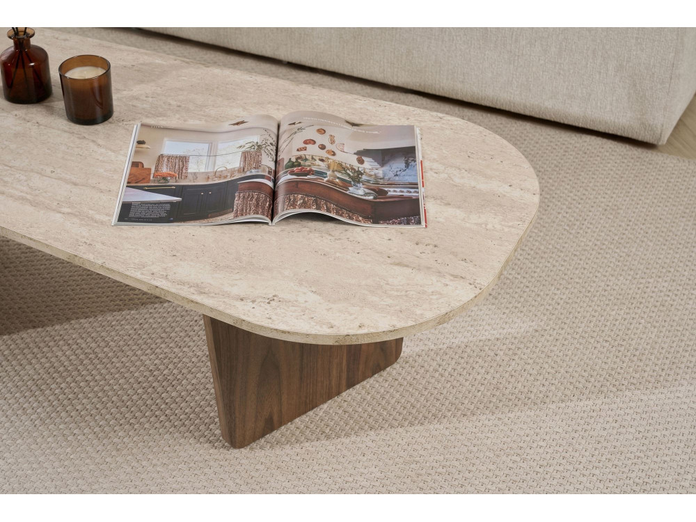 Houten salontafel "Ovalis" - 130 x 65 x 40 cm - Travertin / Notelaar