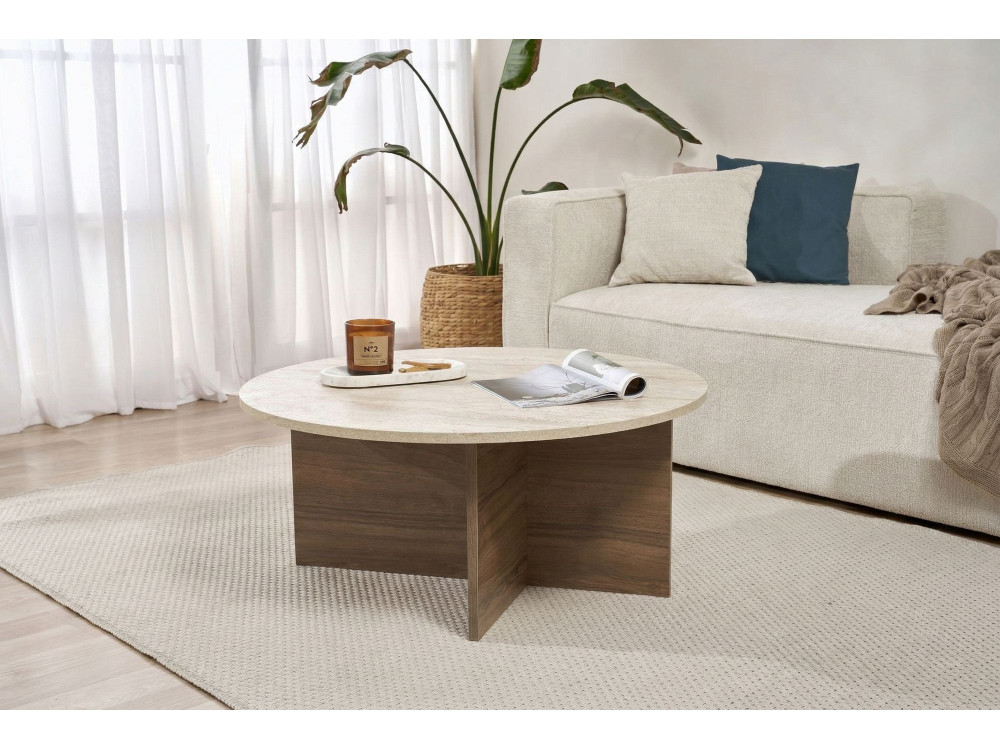 Houten salontafel "Soleil" - 90 x 90 x 40 cm - Travertin
