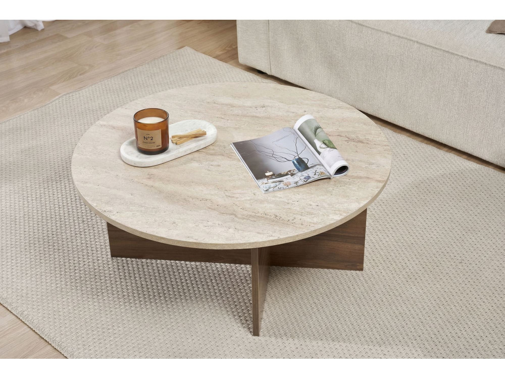 Houten salontafel "Soleil" - 90 x 90 x 40 cm - Travertin