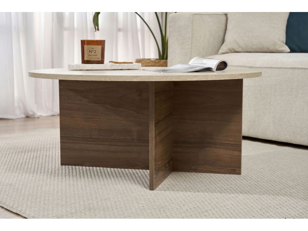 Houten salontafel "Soleil" - 90 x 90 x 40 cm - Travertin