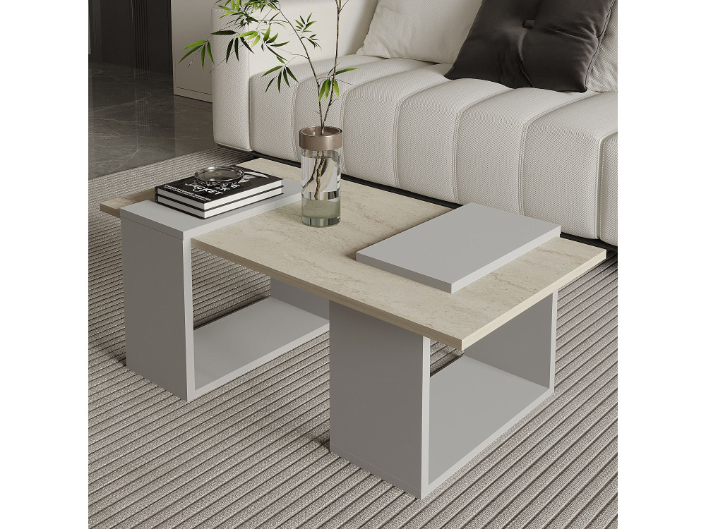Houten salontafel "Matris" - 90 x 46 x 37 cm - Travertin