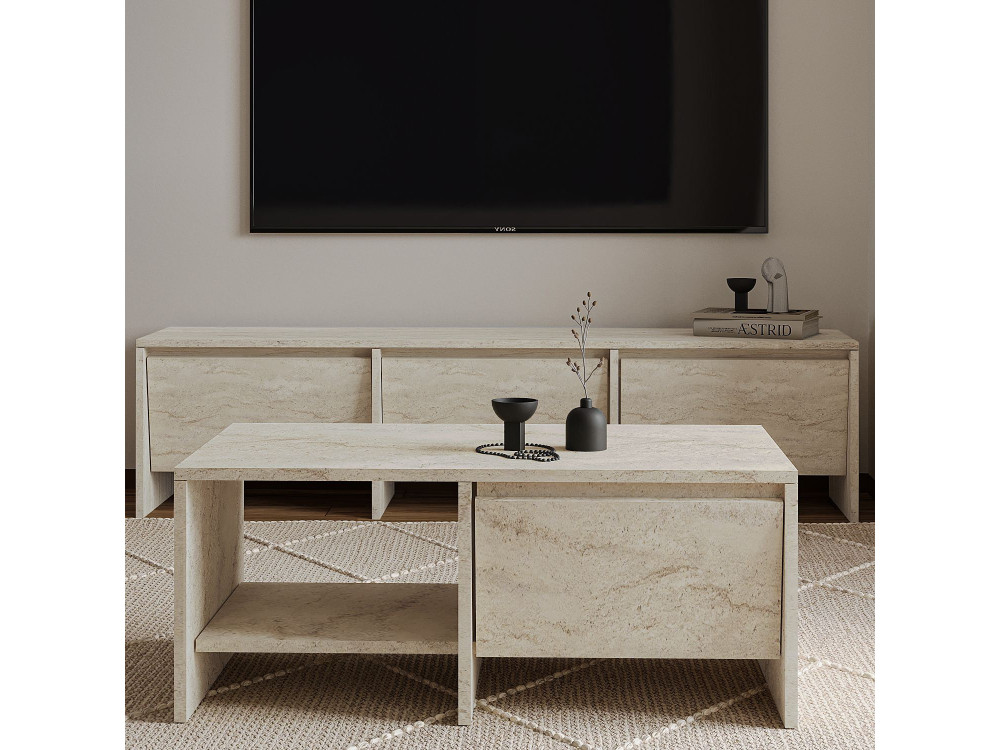 Houten salontafel "Laris" - 90 x 45 x 35 cm - Travertin