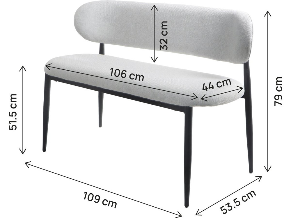 Stoffen eetbank - 110 cm - "Sélène" - 3 zits - Lichtgrijs en Zwart