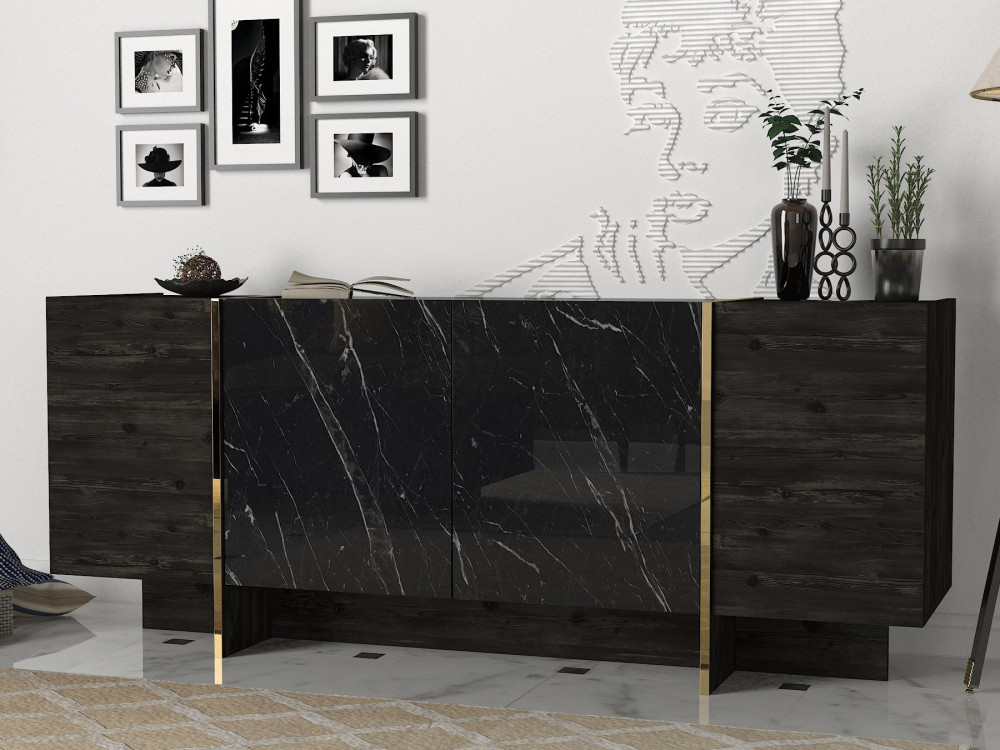 Houten dressoir "Veyron" - 180 x 46 x 75 cm - Zwart/Goud